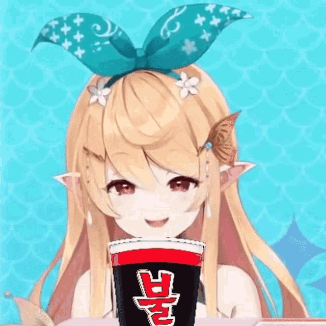 a girl with a bow in her hair is holding a cup with a foreign language on it