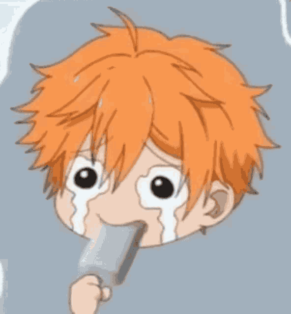 a cartoon character with orange hair is crying while eating a popsicle .