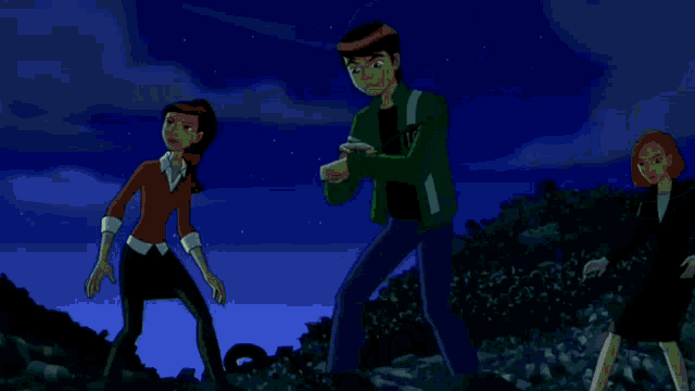 a group of cartoon characters stand in front of a green light