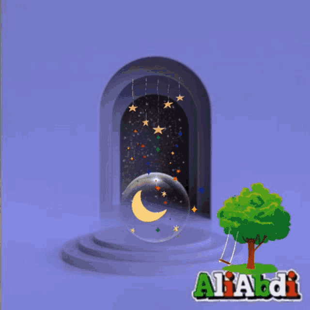 a purple background with a tree and a bubble with a moon in it