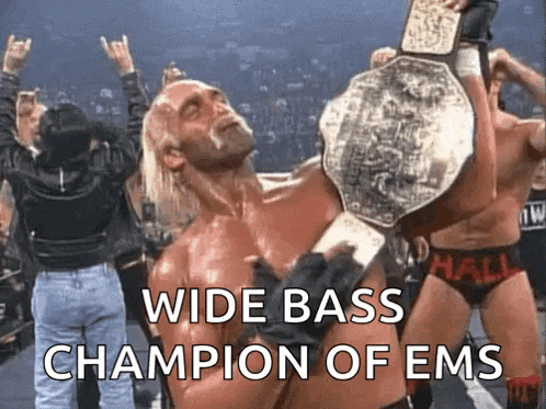 a wrestler is holding a wrestling championship belt with the caption wide bass champion of ems