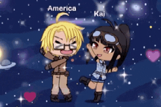 a boy and a girl are dancing in space with the words america and kai above them