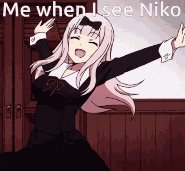 a picture of a girl with the words me when i see niko below her