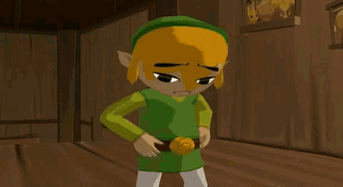 a cartoon character in a green outfit with a yellow belt