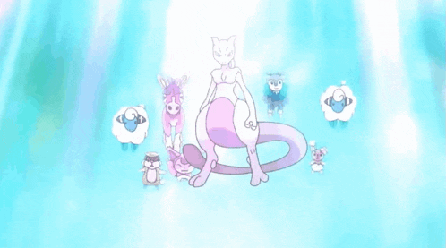 a cartoon of mewtwo surrounded by smaller pokemon on a blue background