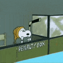a cartoon of snoopy holding a hockey stick in front of the penalty box