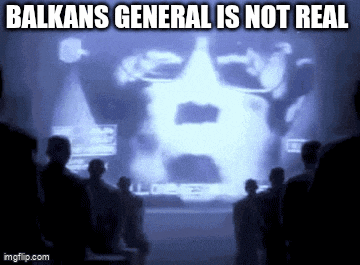 a group of people standing in front of a screen that says ' balkans general is not real ' on it