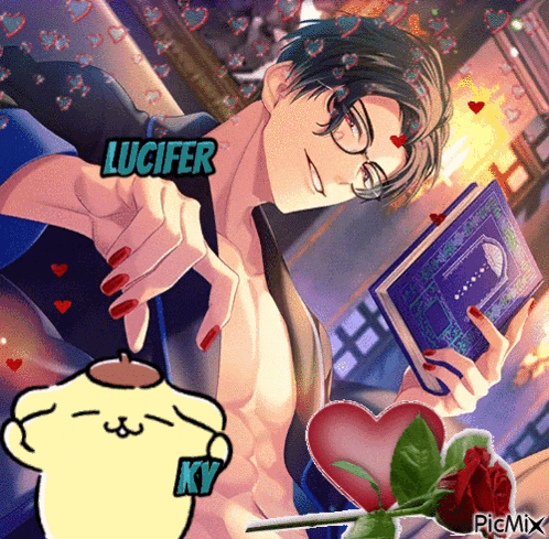 a cartoon of a man holding a book with the name lucifer written above him