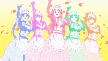 a group of maids are standing in a row with their arms in the air