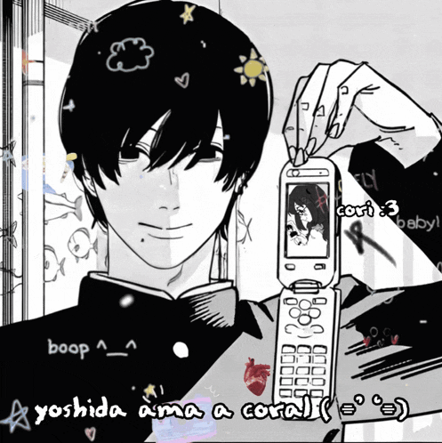 a black and white drawing of a boy holding a flip phone with the words yoshida ama a coral below him