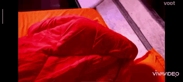 a person is laying on a bed with a red blanket on top of them .