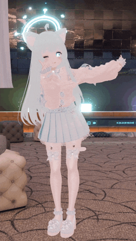 a girl with white hair and a cat ear stands in a room