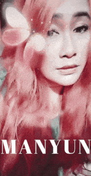 a woman with pink hair has manyun written on the bottom