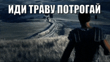 a man standing in a field with the words " иди траву потрогай " written above him