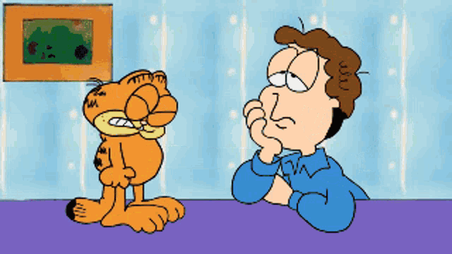 a cartoon of garfield standing next to a man with his hand on his chin