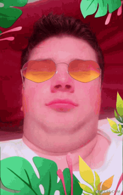 a man wearing sunglasses and a pink shirt with leaves around him
