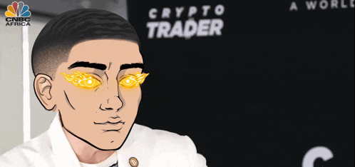 a cartoon of a man in front of a sign that says crypto trader on it