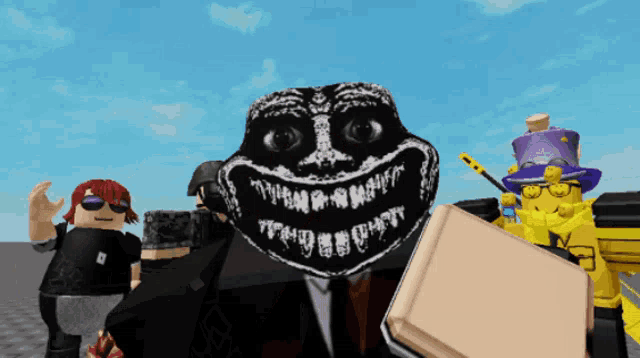 a cartoon character with a huge smile on his face is holding a box