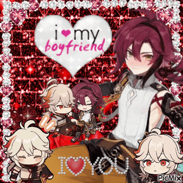 a couple of anime characters are standing next to each other with a heart that says i love my boyfriend .