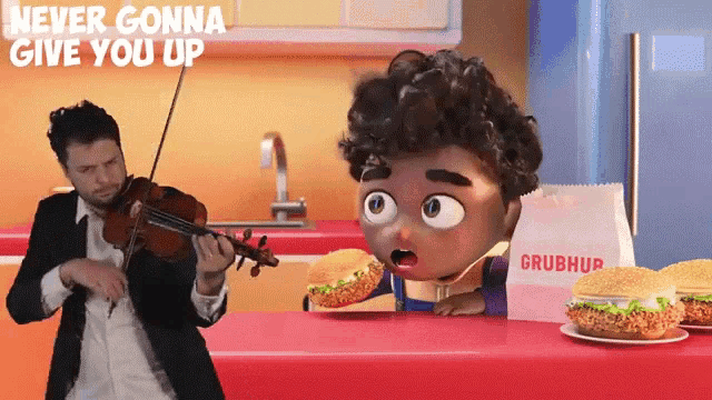a man playing a violin next to a cartoon character with the words never gonna give you up