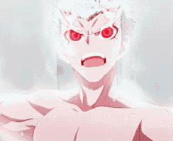 a man with white hair and red eyes is standing in a bathtub .