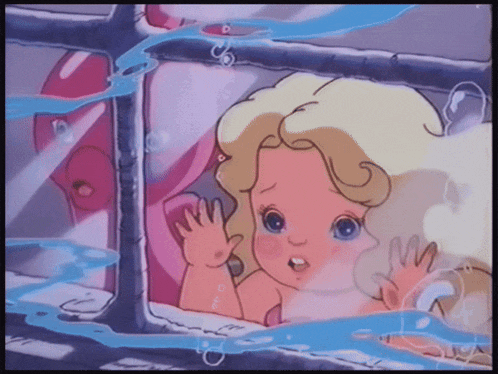 a cartoon of a little girl looking out a window with bubbles coming out of it