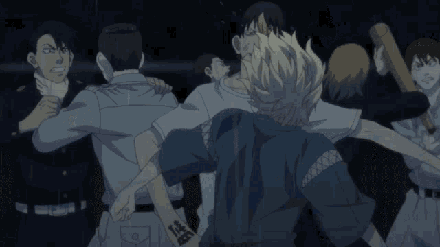 a group of anime characters are fighting and one of them has a baseball bat
