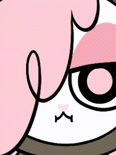 a close up of a cartoon character 's face with pink hair