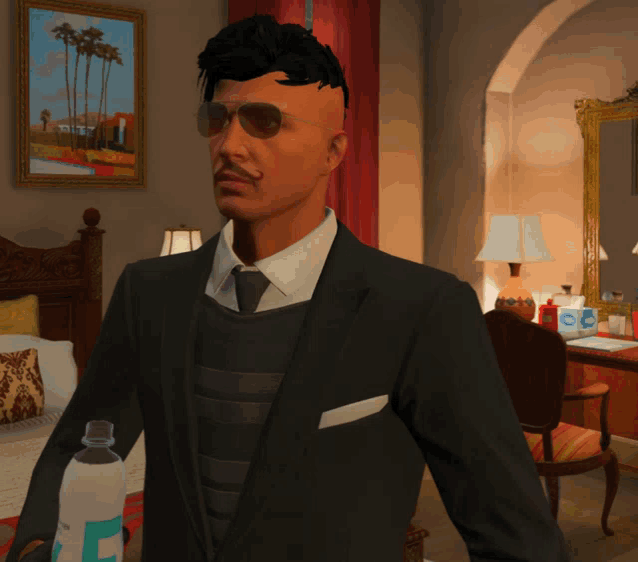 a man in a suit and tie is holding a bottle that says e on it