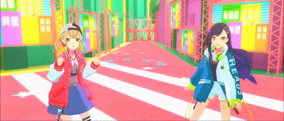 two anime girls are standing next to each other on a pink and white striped floor .