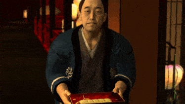a person is holding a red tray with gold coins on it and a sword in the background
