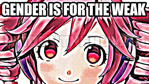 a picture of a girl with pink hair and the words gender is for the weak