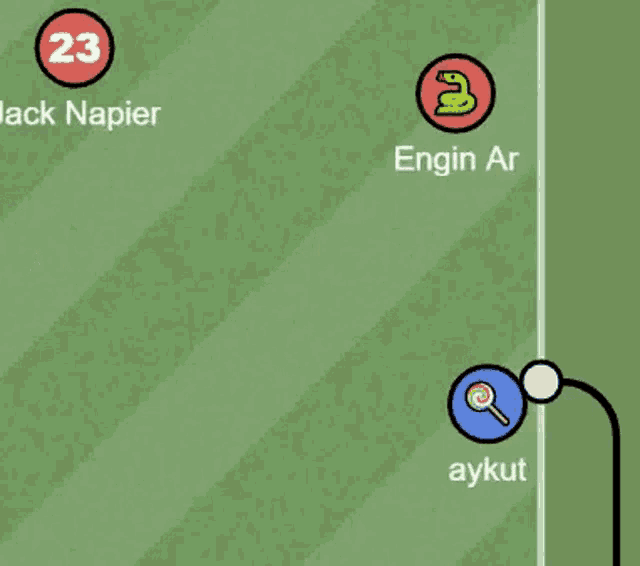 a cartoon drawing of a soccer field with the numbers 23 jack napier and engin ar