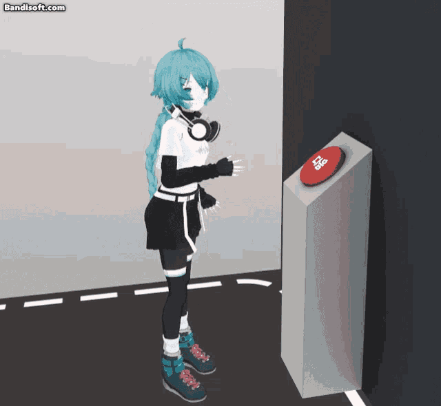 a girl stands next to a red button that says go