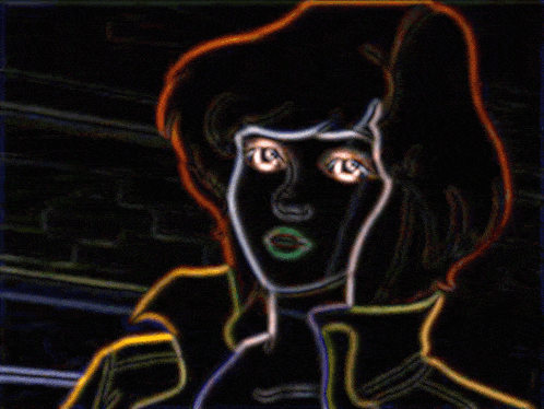 a drawing of a woman 's face with a yellow jacket