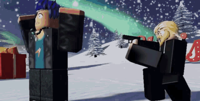 a man with a beard is holding a gun in a video game while another person stands in the snow .