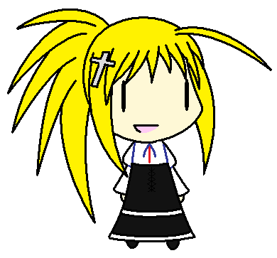 a cartoon girl with orange hair and a cross on her head