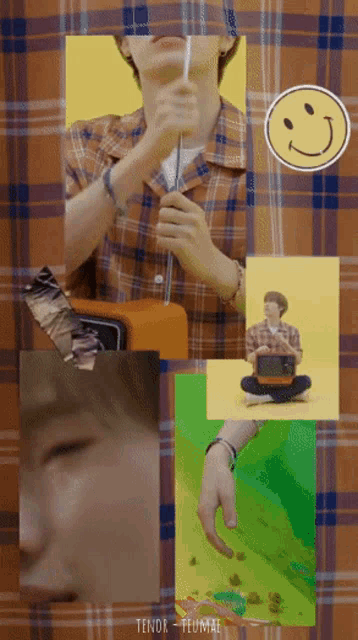 a man in a plaid shirt is holding a straw with a smiley face behind him