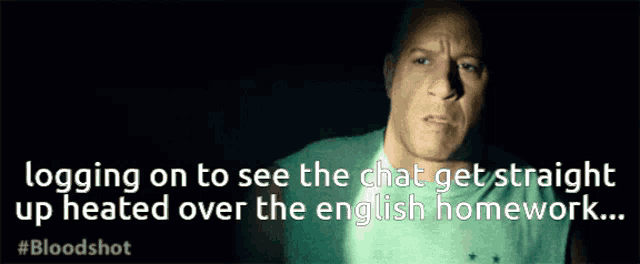 a man in a dark room with a caption that says logging on to see the chat get straight up heated over the english homework