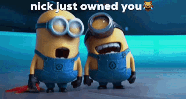 a couple of minions standing next to each other with the words nick just owned you above them