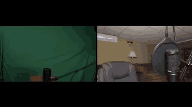 a green screen is behind a microphone and a chair