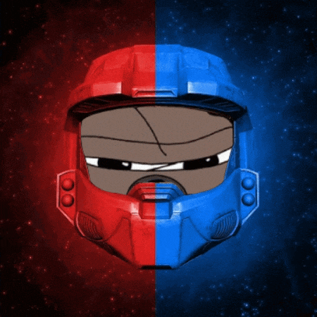 a red and blue helmet with a man 's face on it