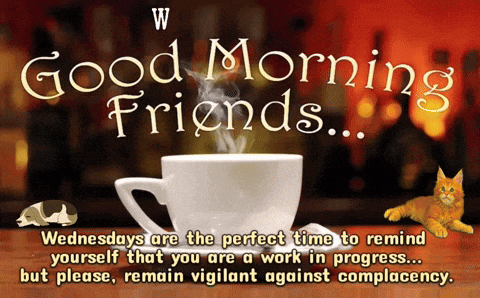 a poster that says good morning friends with a cup of coffee on a table