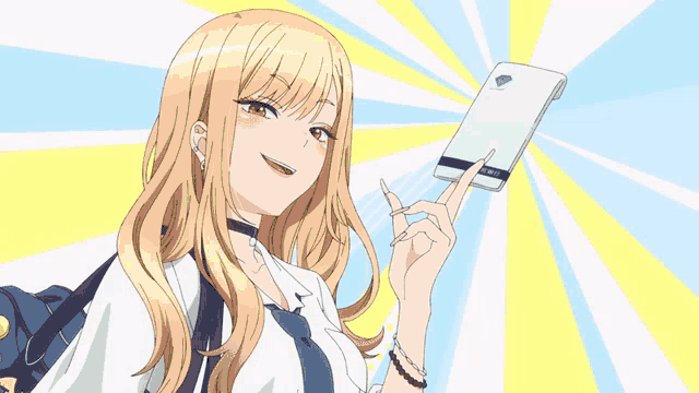 a girl with blonde hair is holding a cell phone that says lg on it