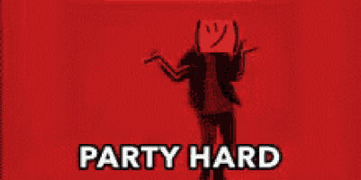 a man is holding a red box with a smiley face on it in front of a red background that says party hard ..