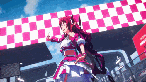 a girl in a pink and white dress is standing in front of a checkered background