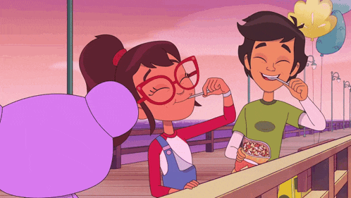 a boy and a girl brushing their teeth on a pier with balloons in the background