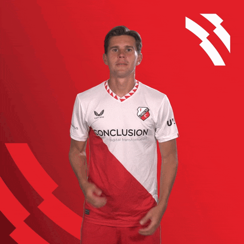 a man in a red and white shirt that says conclusion on it