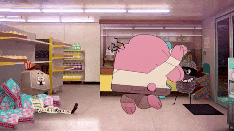 a cartoon character from the amazing world of gumball is standing in front of a store