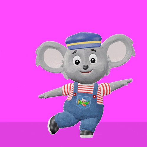 a cartoon koala wearing blue overalls and a striped shirt